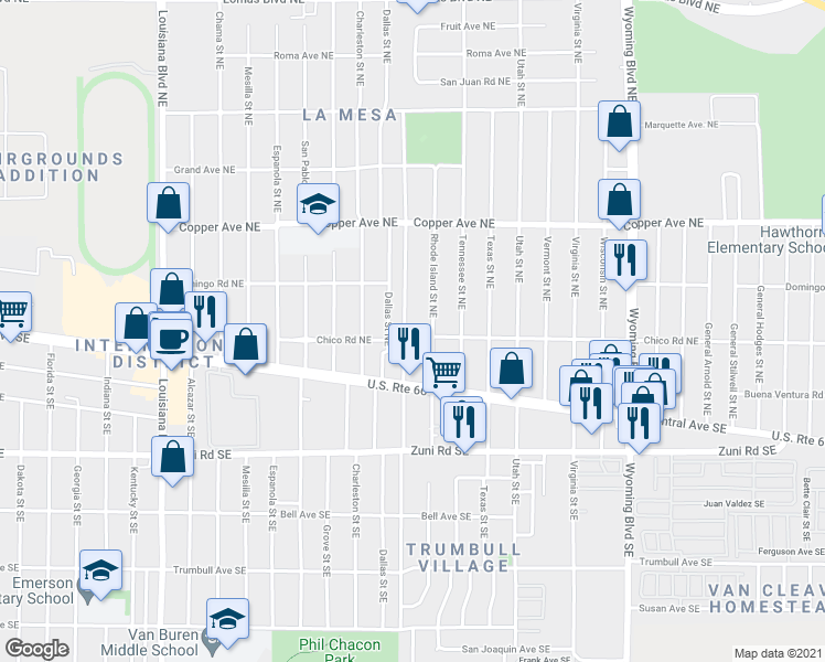 map of restaurants, bars, coffee shops, grocery stores, and more near 129 Rhode Island Street Southeast in Albuquerque