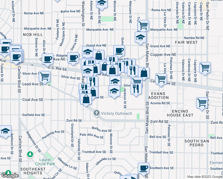 map of restaurants, bars, coffee shops, grocery stores, and more near 4757-4799 Coal Avenue Southeast in Albuquerque