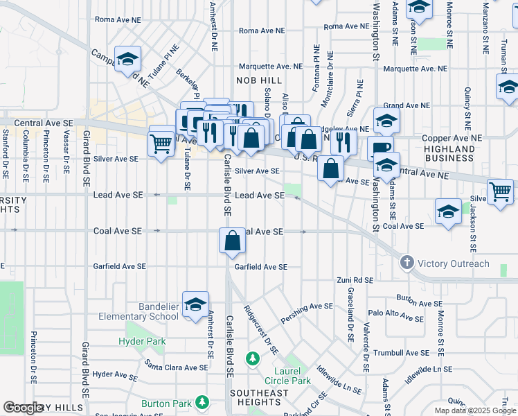 map of restaurants, bars, coffee shops, grocery stores, and more near 314 Solano Drive Southeast in Albuquerque