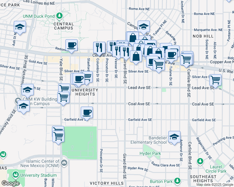 map of restaurants, bars, coffee shops, grocery stores, and more near 320 Vassar Drive Southeast in Albuquerque