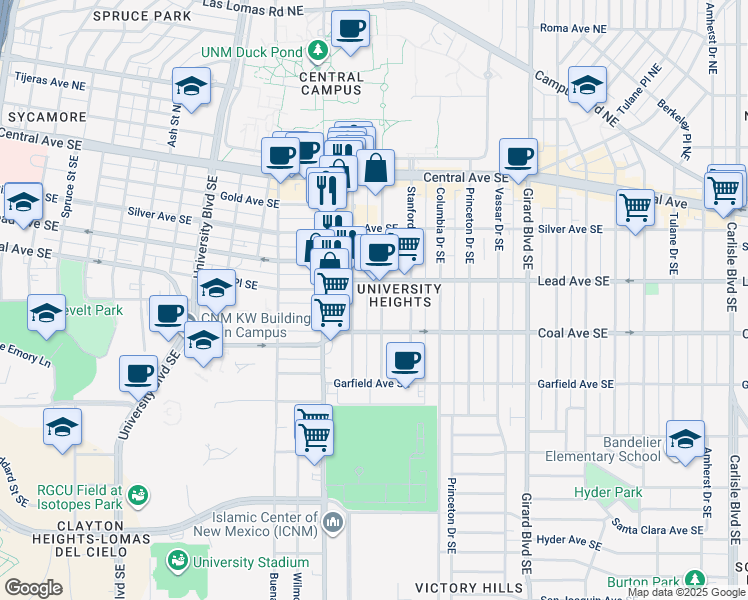 map of restaurants, bars, coffee shops, grocery stores, and more near 317 Cornell Drive Southeast in Albuquerque