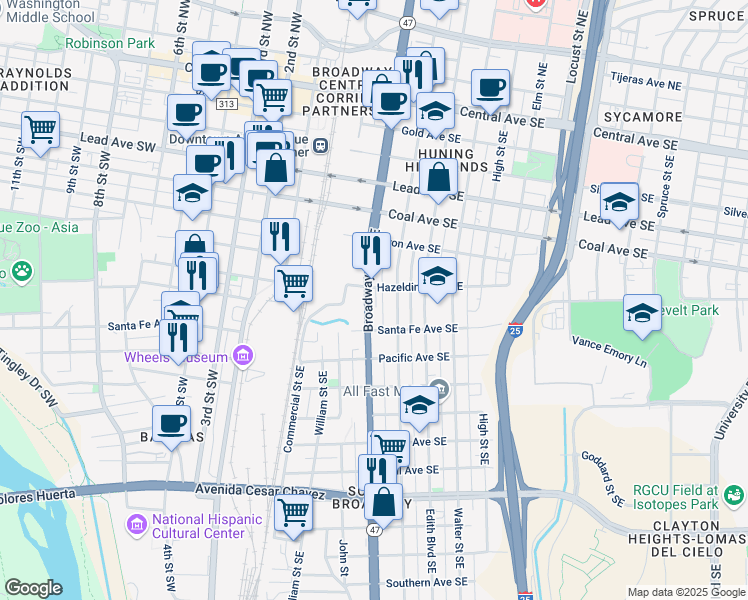 map of restaurants, bars, coffee shops, grocery stores, and more near 724 Broadway Boulevard Southeast in Albuquerque
