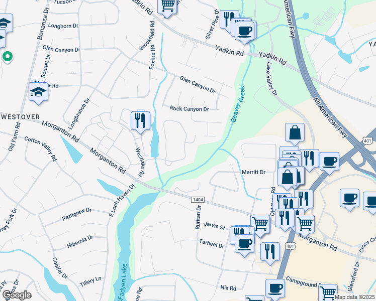 map of restaurants, bars, coffee shops, grocery stores, and more near 309 Waterdown Drive in Fayetteville