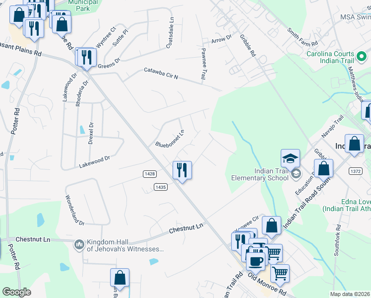 map of restaurants, bars, coffee shops, grocery stores, and more near 209 Bryson Road in Indian Trail