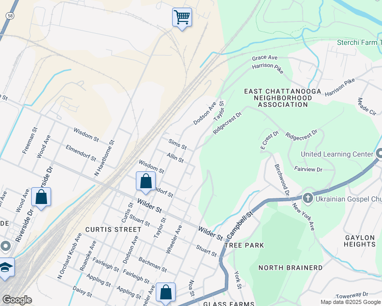 map of restaurants, bars, coffee shops, grocery stores, and more near 2219 Allin Street in Chattanooga
