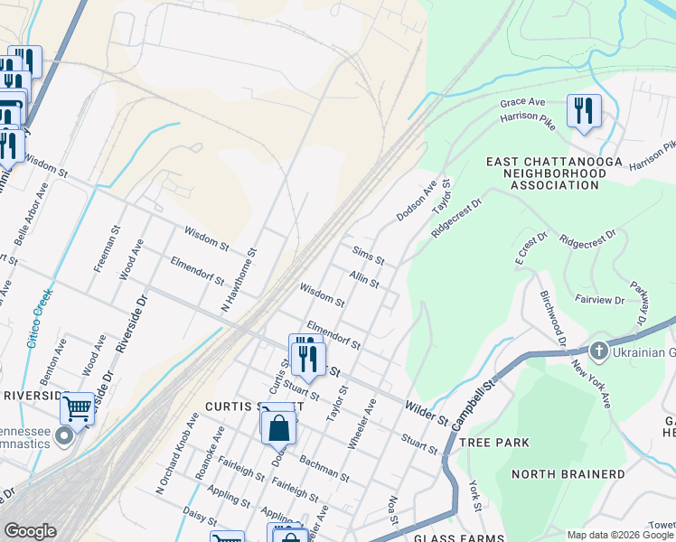 map of restaurants, bars, coffee shops, grocery stores, and more near 3304 Curtis Street in Chattanooga