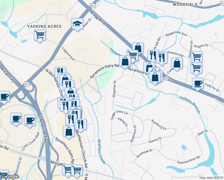 map of restaurants, bars, coffee shops, grocery stores, and more near 331 Wagoner Drive in Fayetteville