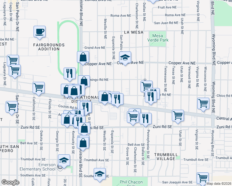 map of restaurants, bars, coffee shops, grocery stores, and more near 7423 Central Avenue Northeast in Albuquerque