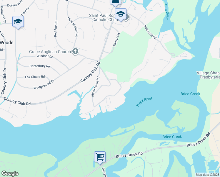 map of restaurants, bars, coffee shops, grocery stores, and more near 126 Trent Shores Dr in Trent Woods