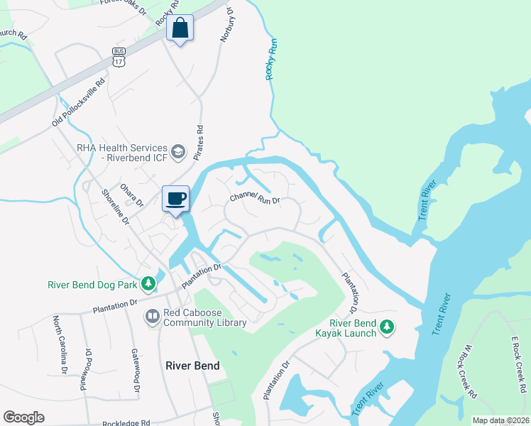 map of restaurants, bars, coffee shops, grocery stores, and more near 807 Plantation Drive in New Bern