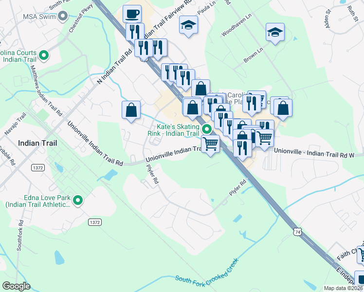 map of restaurants, bars, coffee shops, grocery stores, and more near 250 Unionville Indian Trail Road in Indian Trail