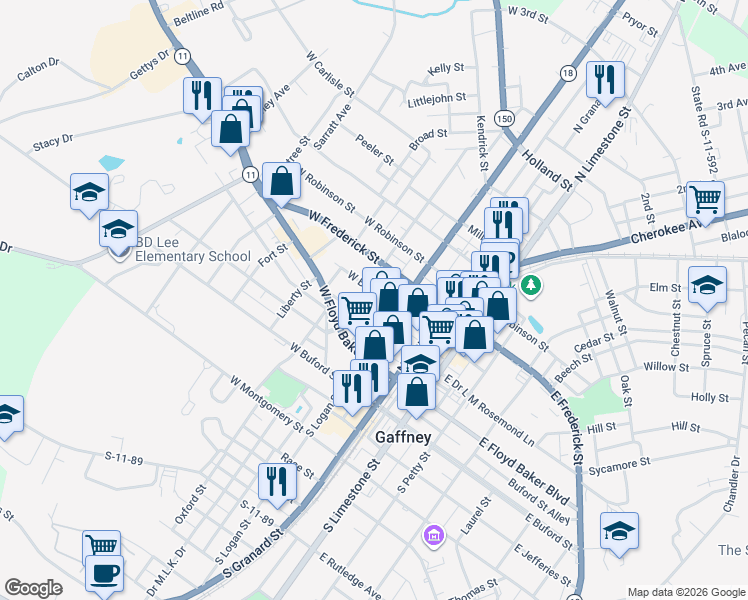 map of restaurants, bars, coffee shops, grocery stores, and more near 301 North Logan Street in Gaffney