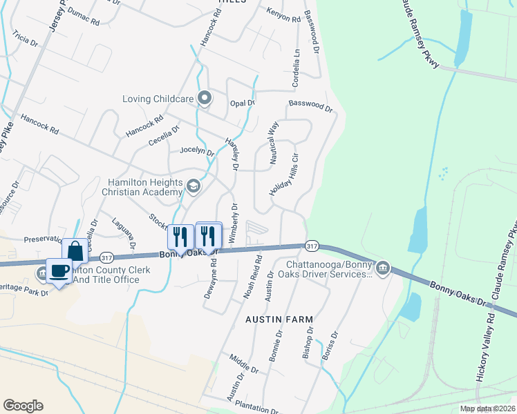 map of restaurants, bars, coffee shops, grocery stores, and more near 6375 Bonny Oaks Drive in Chattanooga