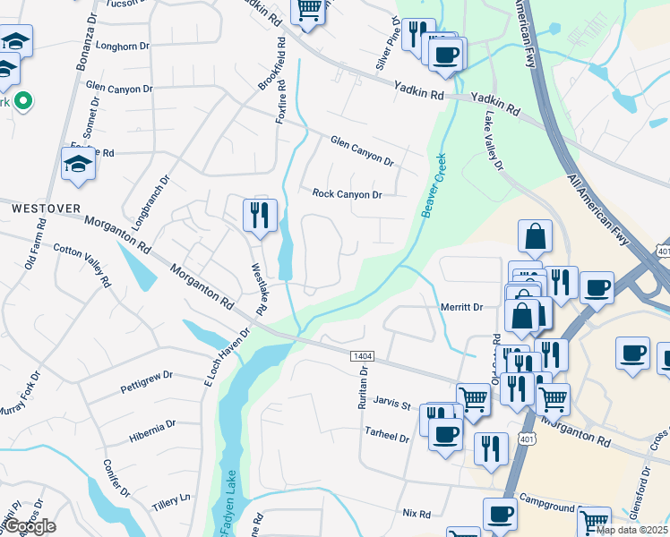 map of restaurants, bars, coffee shops, grocery stores, and more near 308 Waterdown Drive in Fayetteville
