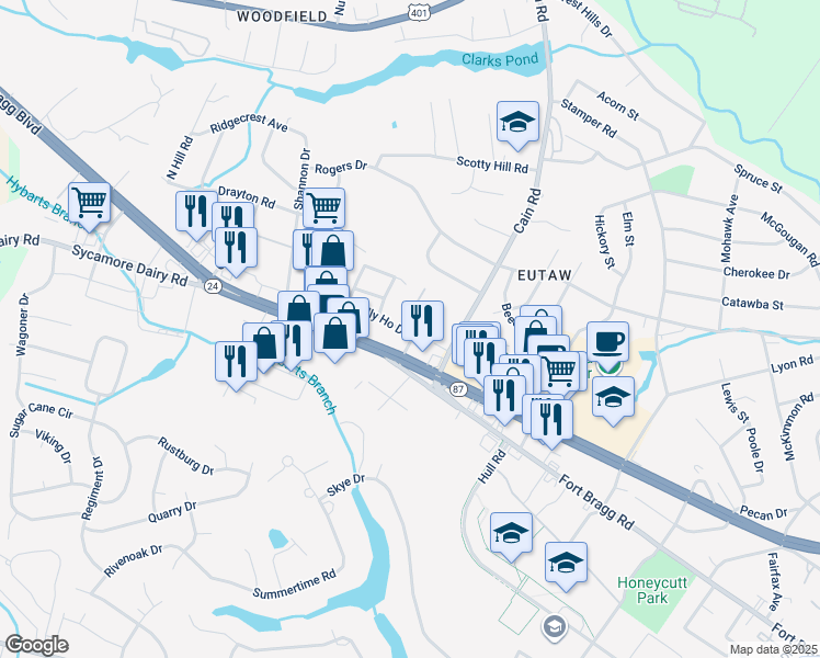 map of restaurants, bars, coffee shops, grocery stores, and more near 906 Pedro Drive in Fayetteville