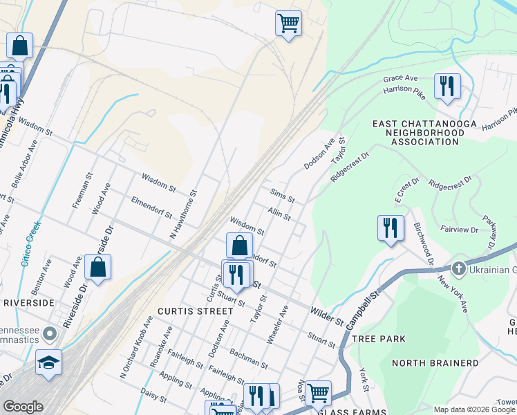 map of restaurants, bars, coffee shops, grocery stores, and more near 3304 Curtis Street in Chattanooga