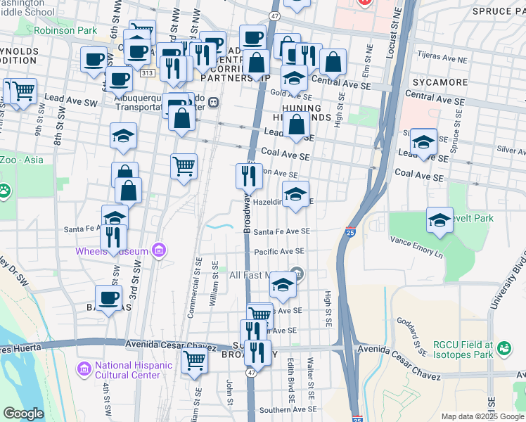 map of restaurants, bars, coffee shops, grocery stores, and more near 711 Arno Street Southeast in Albuquerque