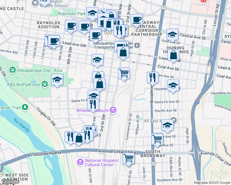 map of restaurants, bars, coffee shops, grocery stores, and more near 2nd Street Southwest in Albuquerque