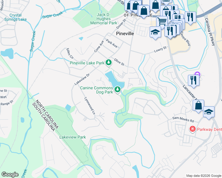 map of restaurants, bars, coffee shops, grocery stores, and more near 117 Parklake Drive in Pineville