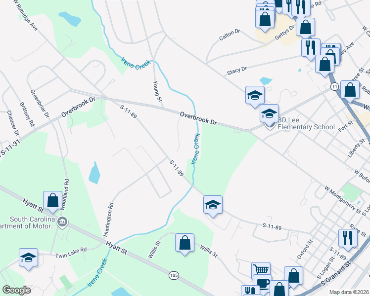 map of restaurants, bars, coffee shops, grocery stores, and more near 113 Huntington Road in Gaffney