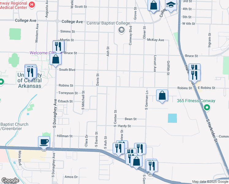 map of restaurants, bars, coffee shops, grocery stores, and more near 105 South Center Street in Conway