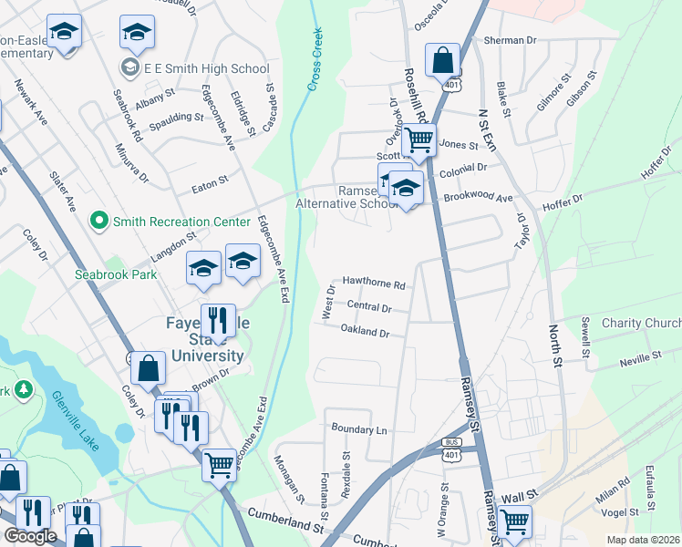 map of restaurants, bars, coffee shops, grocery stores, and more near 1200-1298 West Drive in Fayetteville
