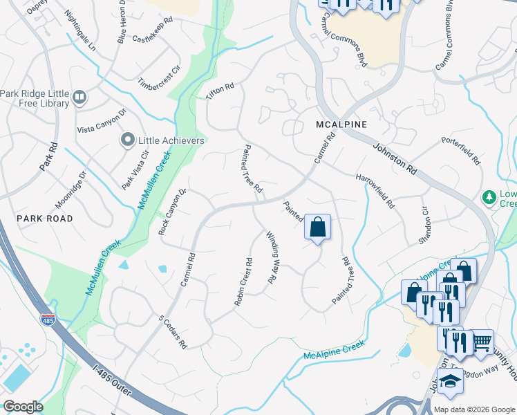 map of restaurants, bars, coffee shops, grocery stores, and more near 11201 Winding Way Road in Charlotte