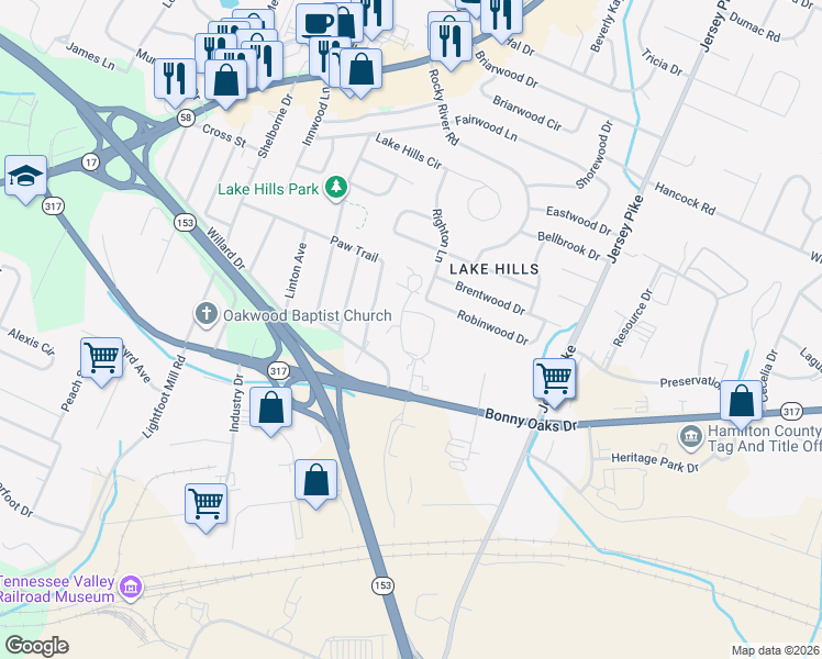 map of restaurants, bars, coffee shops, grocery stores, and more near 4715 Bonny Oaks Drive in Chattanooga