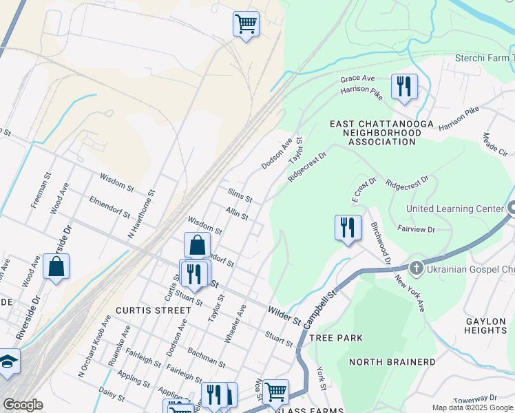 map of restaurants, bars, coffee shops, grocery stores, and more near 2219 Allin Street in Chattanooga