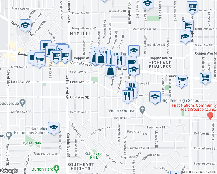 map of restaurants, bars, coffee shops, grocery stores, and more near 4125 Lead Avenue Southeast in Albuquerque