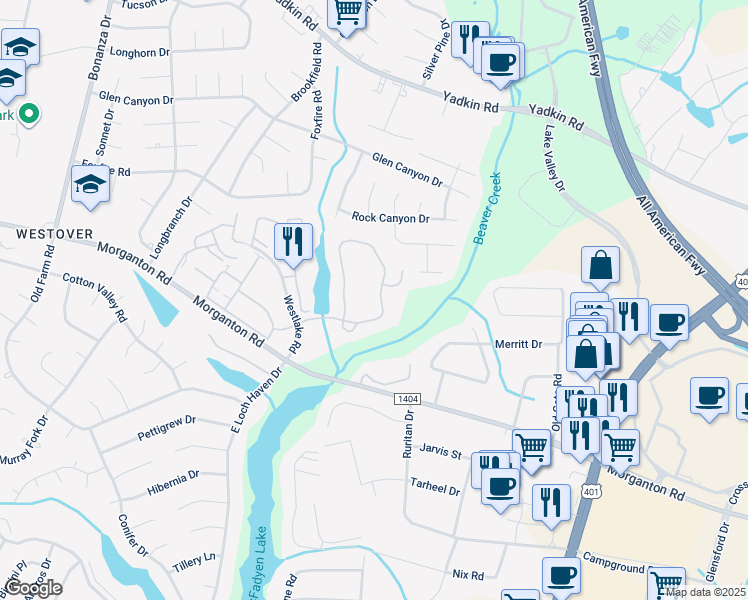 map of restaurants, bars, coffee shops, grocery stores, and more near 308 Waterdown Drive in Fayetteville
