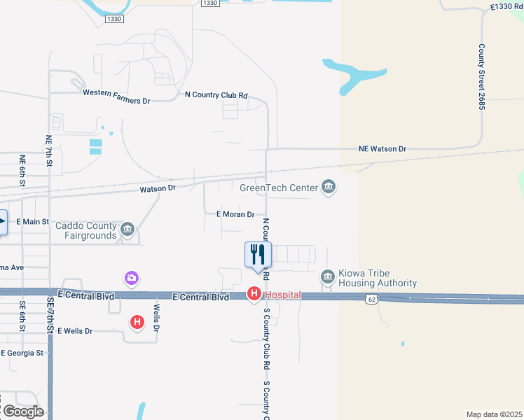 map of restaurants, bars, coffee shops, grocery stores, and more near 409 East Moran Drive in Anadarko