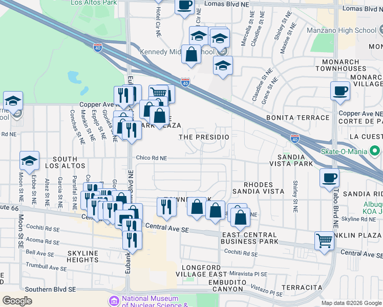 map of restaurants, bars, coffee shops, grocery stores, and more near Crissy Field Way Northeast in Albuquerque