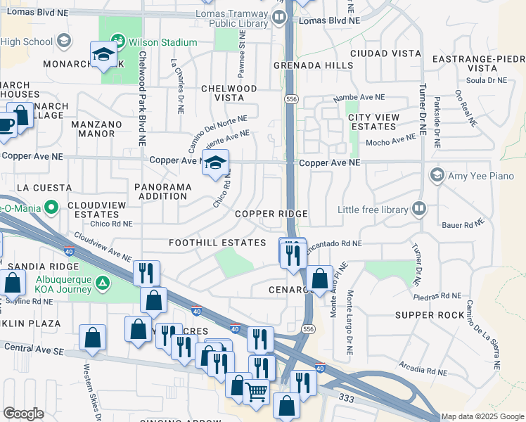 map of restaurants, bars, coffee shops, grocery stores, and more near 7 Lomas Verdes Avenue Northeast in Albuquerque
