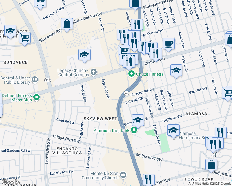 map of restaurants, bars, coffee shops, grocery stores, and more near 7000 Central Avenue Southwest in Albuquerque