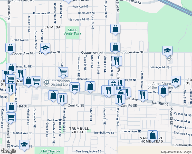 map of restaurants, bars, coffee shops, grocery stores, and more near 141 Vermont Street Northeast in Albuquerque