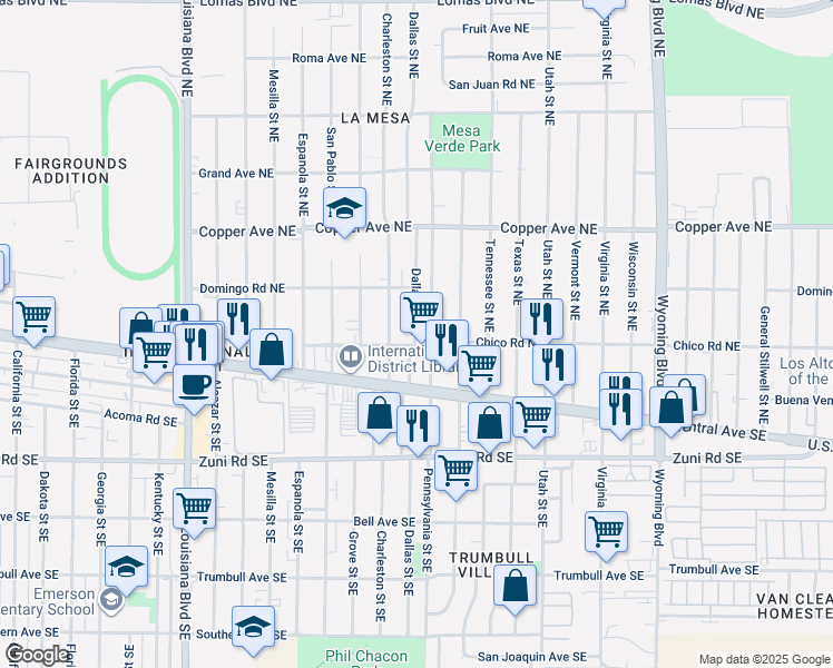 map of restaurants, bars, coffee shops, grocery stores, and more near 123 Dallas Street Northeast in Albuquerque