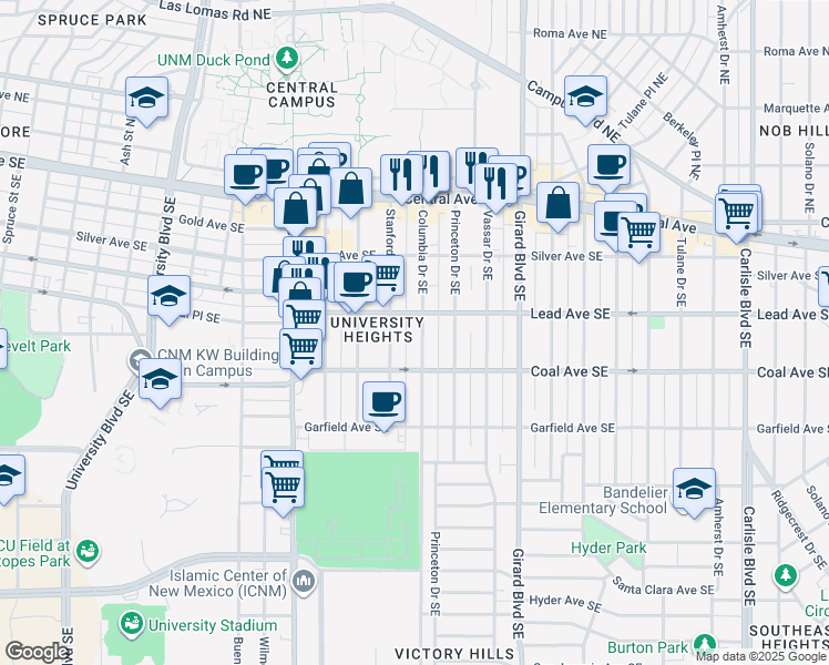 map of restaurants, bars, coffee shops, grocery stores, and more near 318 Columbia Drive Southeast in Albuquerque