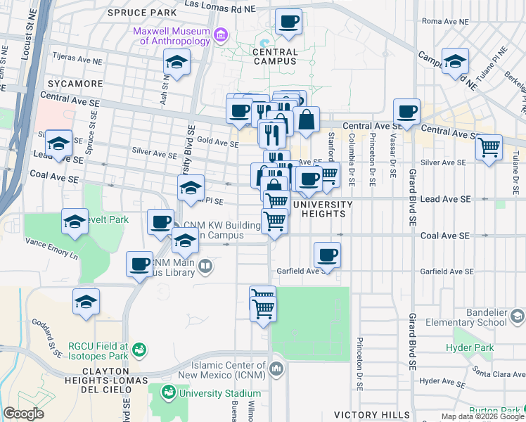 map of restaurants, bars, coffee shops, grocery stores, and more near 2129 Coal Avenue Southeast in Albuquerque