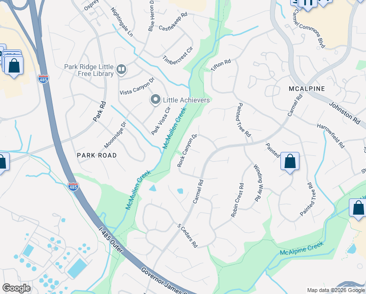 map of restaurants, bars, coffee shops, grocery stores, and more near 12017 Rock Canyon Drive in Charlotte