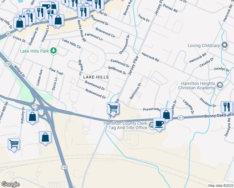 map of restaurants, bars, coffee shops, grocery stores, and more near 4501 Jersey Pike in Chattanooga