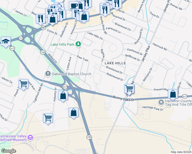 map of restaurants, bars, coffee shops, grocery stores, and more near 4715 Bonny Oaks Drive in Chattanooga