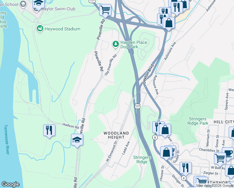 map of restaurants, bars, coffee shops, grocery stores, and more near 1021 Beason Drive in Chattanooga