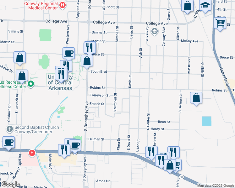 map of restaurants, bars, coffee shops, grocery stores, and more near 240 South Mitchell Street in Conway