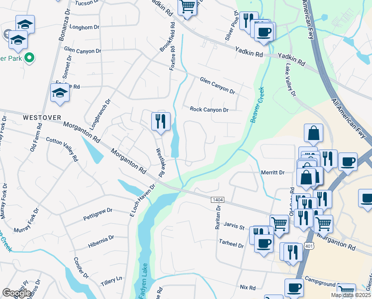 map of restaurants, bars, coffee shops, grocery stores, and more near 201 Waterdown Drive in Fayetteville