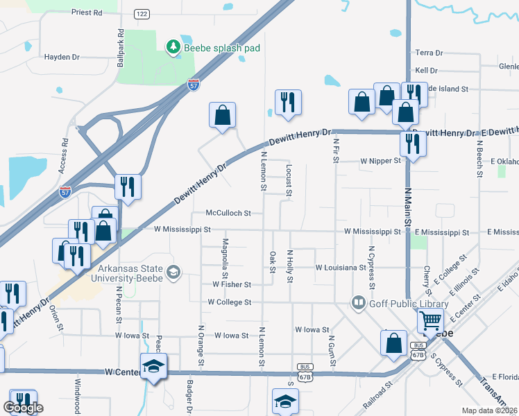 map of restaurants, bars, coffee shops, grocery stores, and more near 708 West Mississippi Street in Beebe