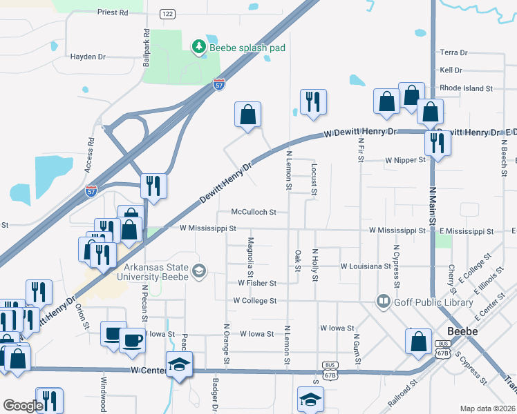 map of restaurants, bars, coffee shops, grocery stores, and more near 808 West Mississippi Street in Beebe