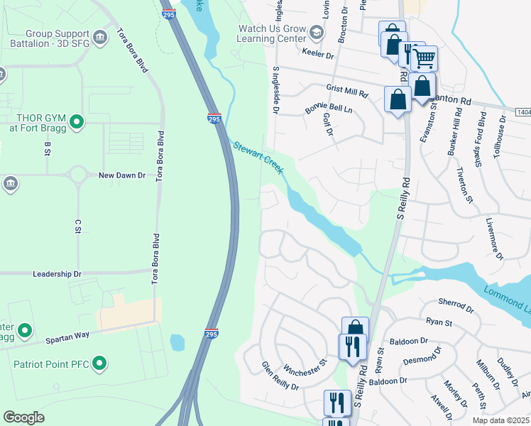 map of restaurants, bars, coffee shops, grocery stores, and more near 938 Stewarts Creek Drive in Fayetteville