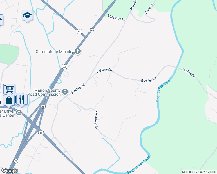 map of restaurants, bars, coffee shops, grocery stores, and more near 360 Acuff Road in Jasper