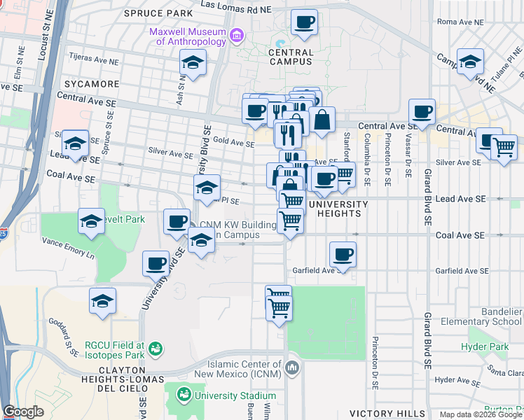 map of restaurants, bars, coffee shops, grocery stores, and more near 2129 Coal Avenue Southeast in Albuquerque